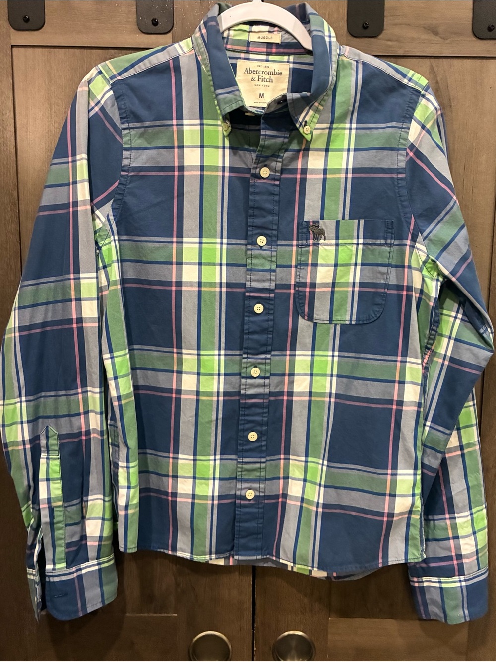 Abercrombie & Fitch Men’s Medium Navy, Green & White Plaid Button-Down Shirt